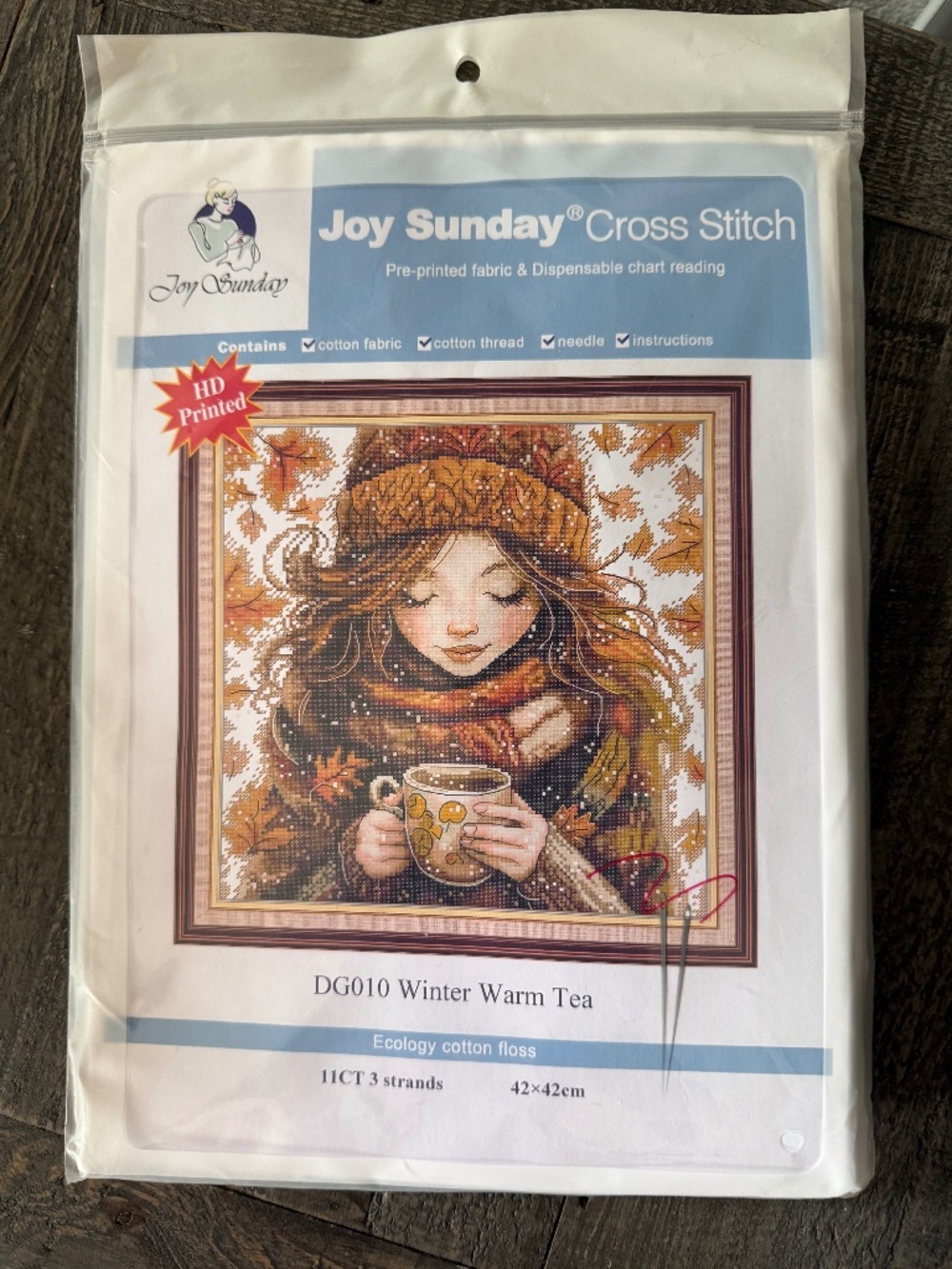 Fall Woman Tea Joy Sunday Pre-Printed Cross Stitch Kit 11ct Aida - NEW